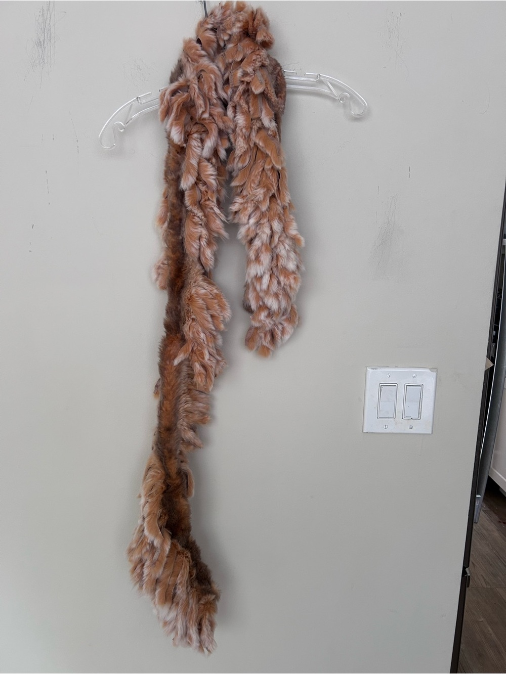 Vintage fringed Rabbit fur scarf white tan brown colors. Bohemian whimsical